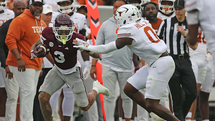 Oct 25, 2025; Starkville, Mississippi, USA; Mississippi State Bulldogs wide receiver Anthony Evans III (3) runs as Texas Longhorns linebacker Anthony Hill Jr. (0) attempts to make the tackle. Oct 25, 2025; Starkville, Mississippi, USA; Mississippi State Bulldogs wide receiver Anthony Evans III (3) runs as Texas Longhorns linebacker Anthony Hill Jr. (0) attempts to make the tackle.