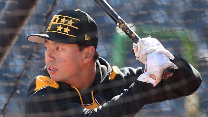 Apr 7, 2025; Pittsburgh, Pennsylvania, USA;  Pittsburgh Pirates infielder Tsung-Che Cheng (71) in the batting cage  before the game against the St. Louis Cardinals at PNC Park. Mandatory Credit: Charles LeClaire-Imagn Images