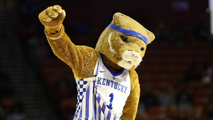 Mar 7, 2020; Greenville, SC, USA; The Kentucky Wildcats mascot dances during the second half against the Mississippi State Bulldogs at Bon Secours Wellness Arena. Mandatory Credit: Jeremy Brevard-Imagn Images