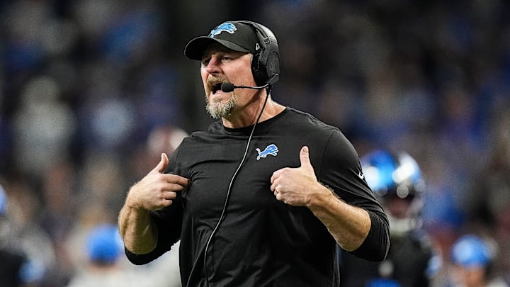 Detroit Lions head coach Dan Campbell reacts to a play against Buffalo Bills during the first half at Ford Field in Detroit on Sunday, Dec. 15, 2024.