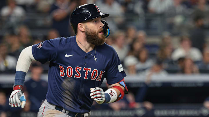 Sep 13, 2024; Bronx, New York, USA; Boston Red Sox shortstop Trevor Story (10) reacts after hitting a two run home run during the seventh inning against the New York Yankees at Yankee Stadium. Mandatory Credit: Vincent Carchietta-Imagn Images
