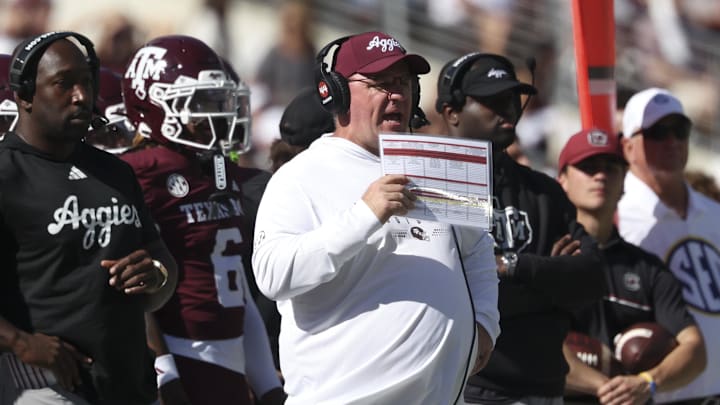 Texas A&M Aggies head coach Mike Elko reacts on the sideline during the second quarter against the South Carolina Gamecocks Texas A&M Aggies head coach Mike Elko reacts on the sideline during the second quarter against the South Carolina Gamecocks