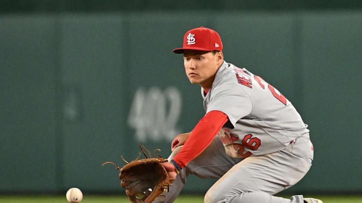 Apr 7, 2026; Washington, District of Columbia, USA; St. Louis Cardinals shortstop JJ Wetherholt (26) fields a ground ball against the Washington Nationals during the sixth inning at Nationals Park. Mandatory Credit: Rafael Suanes-Imagn Images