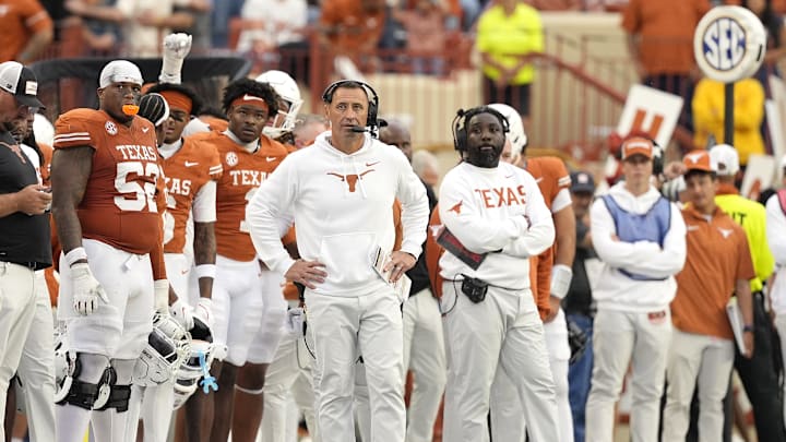 Nov 1, 2025; Austin, Texas, USA; Texas Longhorns head coach Steve Sarkisian observes the second half against the Vanderbilt Commodores at Darrell K Royal-Texas Memorial Stadium. Mandatory Credit: Scott Wachter-Imagn Images Nov 1, 2025; Austin, Texas, USA; Texas Longhorns head coach Steve Sarkisian observes the second half against the Vanderbilt Commodores at Darrell K Royal-Texas Memorial Stadium. Mandatory Credit: Scott Wachter-Imagn Images