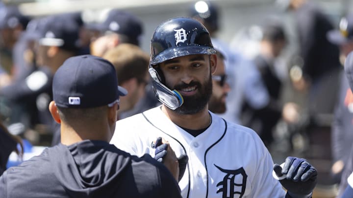 Detroit Tigers left fielder Riley Greene celebrates with teammates.