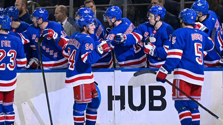 Oct 4, 2026; New York, New York, USA;  New York Rangers right wing Gabe Perreault (94) 
celebrates his goal against the Utah Mammoth during the third period at Madison Square Garden.  Mandatory Credit: Dennis Schneidler-Imagn Images