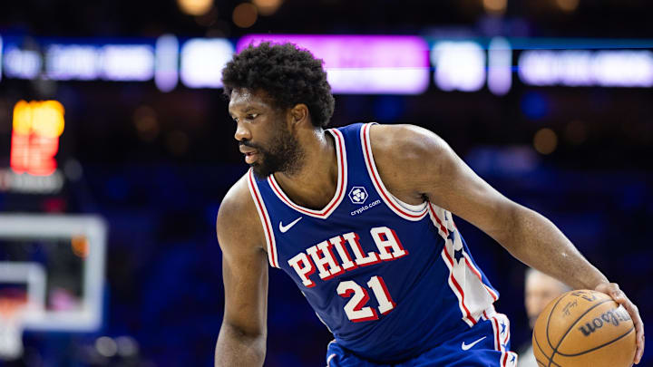 May 2, 2024; Philadelphia, Pennsylvania, USA; Philadelphia 76ers center Joel Embiid (21) in action against the New York Knicks during game six of the first round for the 2024 NBA playoffs at Wells Fargo Center. Mandatory Credit: Bill Streicher-Imagn Images