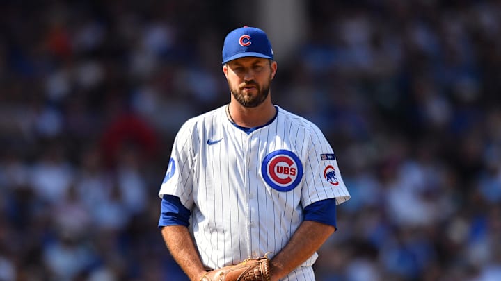 Sep 13, 2025; Chicago, Illinois, USA; Chicago Cubs pitcher Drew Pomeranz (45) prepares to pitch against the Tampa Bay Rays during the sixth inning at Wrigley Field. Mandatory Credit: Patrick Gorski-Imagn Images