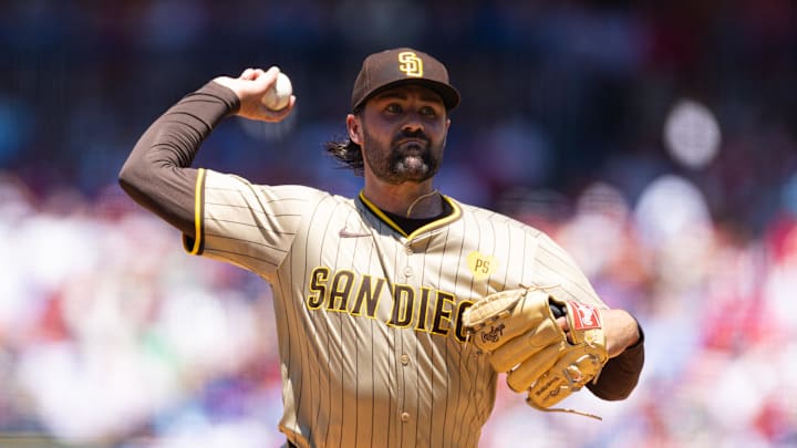 Jun 19, 2024; Philadelphia, Pennsylvania, USA; San Diego Padres pitcher Matt Waldron (61) throws a pitch during the second inning against the Philadelphia Phillies at Citizens Bank Park. Mandatory Credit: Bill Streicher-USA TODAY Sports
