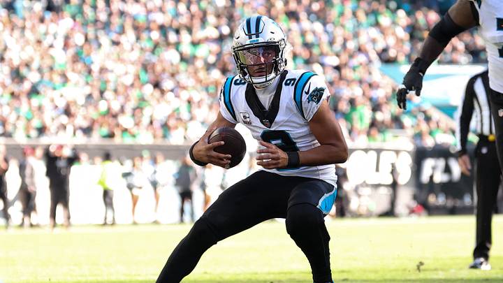 Carolina Panthers quarterback Bryce Young (9) runs with the ball against the Philadelphia Eagles 