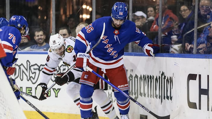 Jan 4, 2024; New York, New York, USA; Chicago Blackhawks center Jason Dickinson (16) and New York