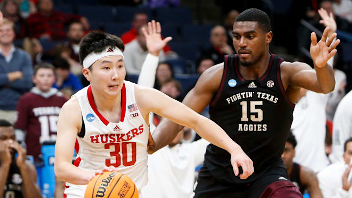 Nebraska's Keisei Tominaga (30) drives to the basket during the first round game between Texas A&M and Nebraska in the 2024 NCAA Tournament at FedExForum in Memphis, Tenn., on Friday, March 22, 2024.