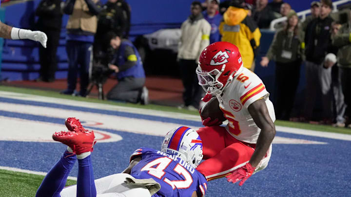 Buffalo Bills cornerback Christian Benford tackles Kansas City Chiefs wide receiver Hollywood Brown stopping him short of the end zone during first half action against the Kansas City Chiefs at Highmark Stadium in Orchard Park on Nov. 2, 2025.