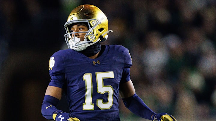 Notre Dame cornerback Leonard Moore (15) lines up during a NCAA college football game against Florida State at Notre Dame Stadium on Saturday, Nov. 9, 2024, in South Bend. Notre Dame cornerback Leonard Moore (15) lines up during a NCAA college football game against Florida State at Notre Dame Stadium on Saturday, Nov. 9, 2024, in South Bend.