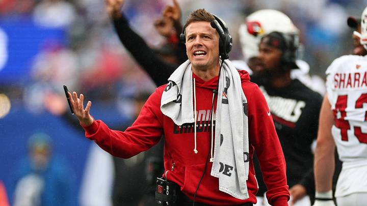 Oct 4, 2026; East Rutherford, New Jersey, USA;  Arizona Cardinals head coach Mike LaFleur during the third quarter at MetLife Stadium.  Mandatory Credit: Vincent Carchietta-Imagn Images