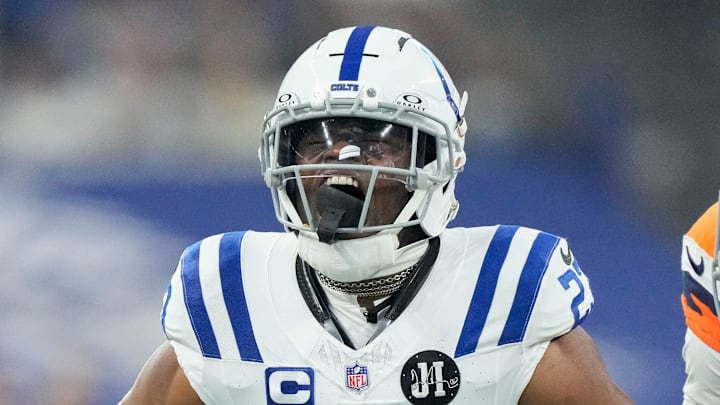 Indianapolis Colts cornerback Kenny Moore II (23) reacts after taking down Denver Broncos wide receiver Troy Franklin (11) on Sunday, Sept. 14, 2025, during a game at Lucas Oil Stadium in Indianapolis. Indianapolis Colts cornerback Kenny Moore II (23) reacts after taking down Denver Broncos wide receiver Troy Franklin (11) on Sunday, Sept. 14, 2025, during a game at Lucas Oil Stadium in Indianapolis.