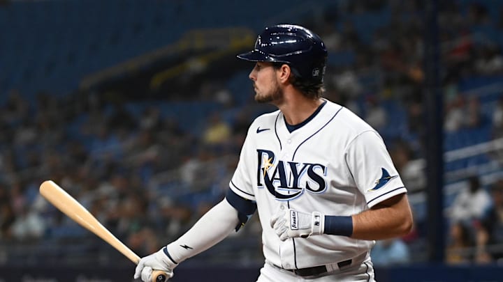 Apr 29, 2022; St. Petersburg, Florida, USA; Tampa Bay Rays designated hitter Josh Lowe (15) bats in