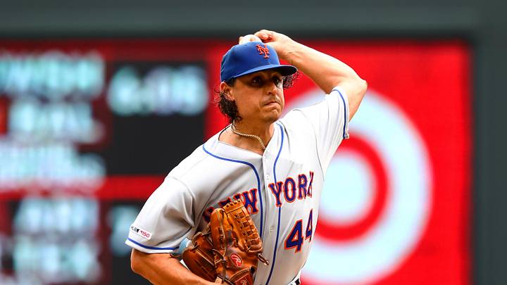 Jul 17, 2019; Minneapolis, MN, USA; New York Mets starting pitcher Jason Vargas (44) delivers a pitch against the Minnesota Twins in the fourth inning at Target Field. Mandatory Credit: David Berding-Imagn Images