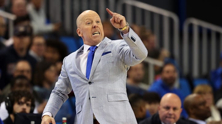 Jan 21, 2025; Los Angeles, California, USA;  UCLA Bruins head coach Mick Cronin reacts to a play during the first half against the Wisconsin Badgers at Pauley Pavilion presented by Wescom. Mandatory Credit: Kiyoshi Mio-Imagn Images