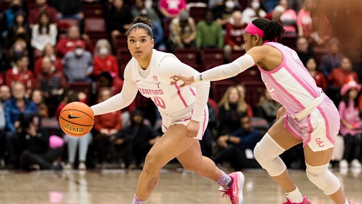 Feb 17, 2023; Stanford, California, USA; Stanford Cardinal guard Talana Lepolo (10) drives past USC Trojans guard Kayla Williams (4) during the first half at Maples Pavilion. Mandatory Credit: John Hefti-Imagn Images Feb 17, 2023; Stanford, California, USA; Stanford Cardinal guard Talana Lepolo (10) drives past USC Trojans guard Kayla Williams (4) during the first half at Maples Pavilion. Mandatory Credit: John Hefti-Imagn Images