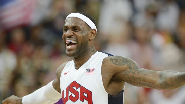 Aug 11, 2012; London, United Kingdom; USA forward LeBron James (6) celebrates after winning the gold in the men's basketball final against Spain in the London 2012 Olympic Games at North Greenwich Arena. Mandatory Credit: Bob Donnan-USA TODAY Sports Aug 11, 2012; London, United Kingdom; USA forward LeBron James (6) celebrates after winning the gold in the men's basketball final against Spain in the London 2012 Olympic Games at North Greenwich Arena. Mandatory Credit: Bob Donnan-USA TODAY Sports