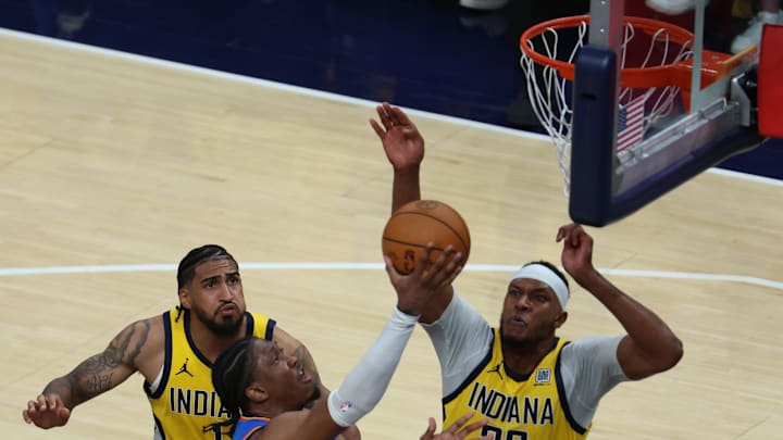 Jun 13, 2025; Indianapolis, Indiana, USA; Oklahoma City Thunder forward Jalen Williams (8) shoots a layup past Indiana Pacers forward Obi Toppin (1) and center Myles Turner (33) during the fourth quarter of game four of the 2025 NBA Finals at Gainbridge Fieldhouse. Mandatory Credit: Trevor Ruszkowski-Imagn Images Jun 13, 2025; Indianapolis, Indiana, USA; Oklahoma City Thunder forward Jalen Williams (8) shoots a layup past Indiana Pacers forward Obi Toppin (1) and center Myles Turner (33) during the fourth quarter of game four of the 2025 NBA Finals at Gainbridge Fieldhouse. Mandatory Credit: Trevor Ruszkowski-Imagn Images
