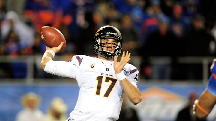 Dec. 22, 2011; Las Vegas, NV, USA; Arizona State Sun Devils quarterback (17) Brock Osweiler in the second half against the Boise State Broncos during the 2011 Las Vegas Bowl at Sam Boyd Stadium. Boise State defeated Arizona State 56-24. Mandatory Credit: Mark J. Rebilas-Imagn Images