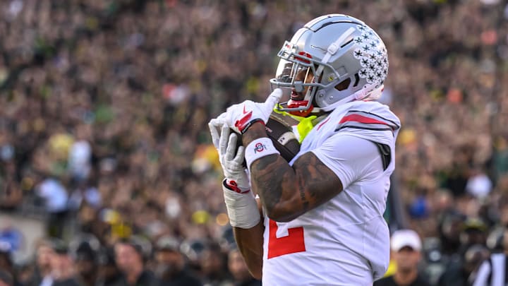 Oct 12, 2024; Eugene, Oregon, USA; Ohio State Buckeyes wide receiver Emeka Egbuka (2) catches a pass for a touchdown during the second quarter against the Oregon Ducks at Autzen Stadium.