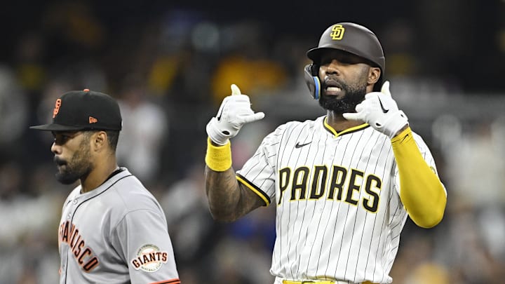 Apr 29, 2025; San Diego, California, USA; San Diego Padres left fielder Jason Heyward (22) celebrates after hitting a double during the fourth inning against the San Francisco Giants at Petco Park. Mandatory Credit: Denis Poroy-Imagn Images