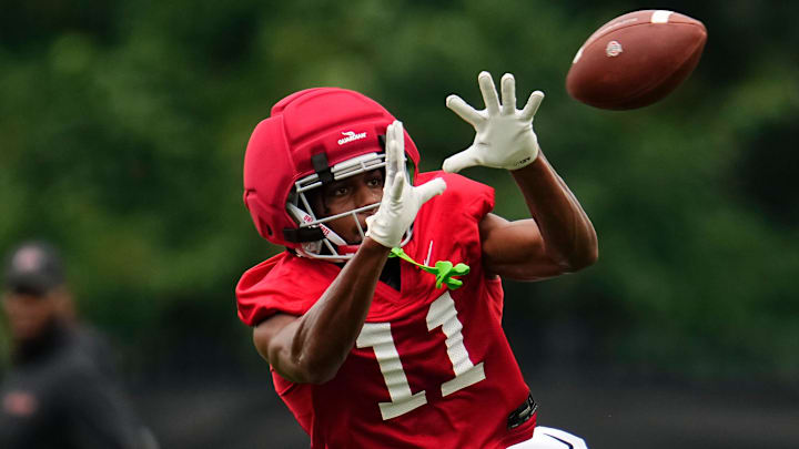 Ohio State Buckeyes wide receiver Quincy Porter (11) catches a pass during the first football practice of the season at the Woody Hayes Athletic Center on July 31, 2025.