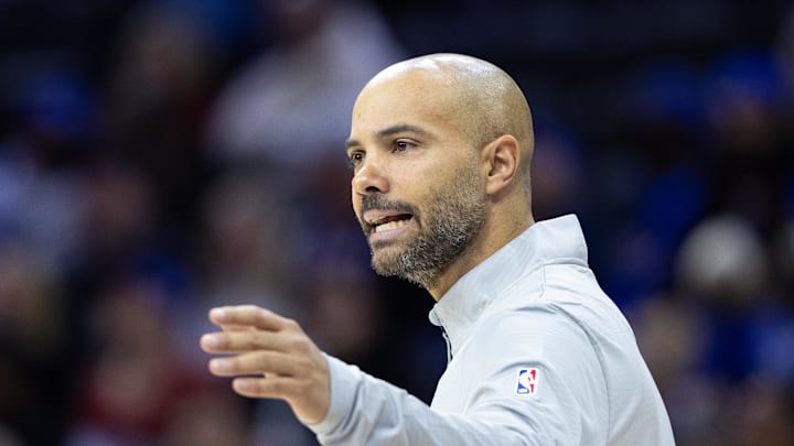 Oct 16, 2024; Philadelphia, Pennsylvania, USA; Brooklyn Nets head coach Jordi Fernandez reacts during the third quarter against the Philadelphia 76ers at Wells Fargo Center. Mandatory Credit: Bill Streicher-Imagn Images
