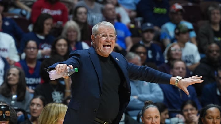 Mar 9, 2026; Uncasville, CT, USA; UConn Huskies head coach Geno Auriemma watches from the sideline as they take on the Villanova Wildcats at Mohegan Sun Arena. Mandatory Credit: David Butler II-Imagn Images