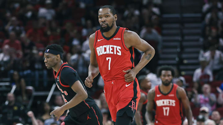 Mar 10, 2026; Houston, Texas, USA; Houston Rockets forward Kevin Durant (7) reacts after scoring a basket during the second quarter against the Toronto Raptors at Toyota Center. Mandatory Credit: Troy Taormina-Imagn Images