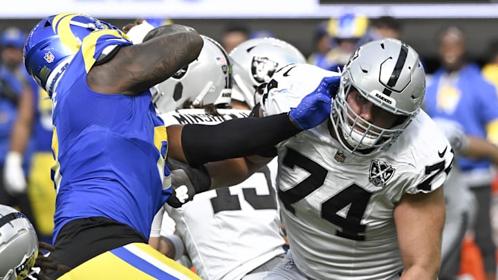 Oct 20, 2024; Inglewood, California, USA; Las Vegas Raiders offensive tackle Kolton Miller (74) during an NFL game against the Los Angeles Rams at SoFi Stadium. Mandatory Credit: Robert Hanashiro-Imagn Images