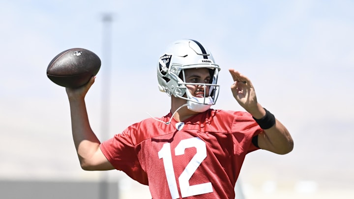 Jun 11, 2025; Henderson, NV, USA; Las Vegas Raiders quarterback Aidan O'Connell (12) throws the ball during Las Vegas Raiders Minicamp at Intermountain Health Performance Center. Mandatory Credit: Candice Ward-Imagn Images Jun 11, 2025; Henderson, NV, USA; Las Vegas Raiders quarterback Aidan O'Connell (12) throws the ball during Las Vegas Raiders Minicamp at Intermountain Health Performance Center. Mandatory Credit: Candice Ward-Imagn Images