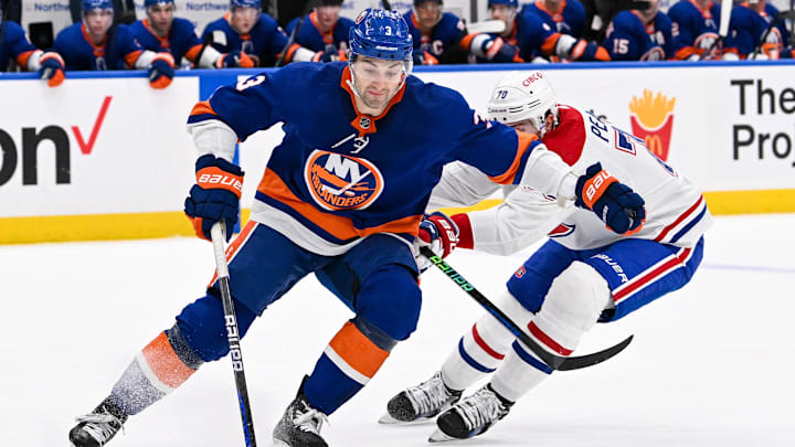 Apr 11, 2024; Elmont, New York, USA; New York Islanders defenseman Adam Pelech (3) skates with the Apr 11, 2024; Elmont, New York, USA; New York Islanders defenseman Adam Pelech (3) skates with the