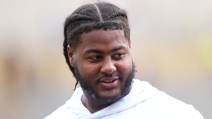 Aug 29, 2024; Boulder, Colorado, USA; Colorado Buffaloes offensive tackle Jordan Seaton (77) before the game against the North Dakota State Bison at Folsom Field. Mandatory Credit: Ron Chenoy-Imagn Images