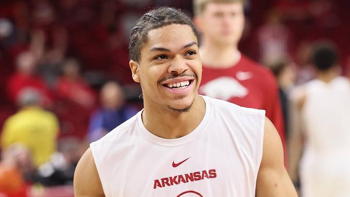 Feb 25, 2026; Fayetteville, Arkansas, USA; Arkansas Razorbacks guard Darius Acuff Jr. prior to the game against the Texas A&M Aggies at Bud Walton Arena. Feb 25, 2026; Fayetteville, Arkansas, USA; Arkansas Razorbacks guard Darius Acuff Jr. prior to the game against the Texas A&M Aggies at Bud Walton Arena.