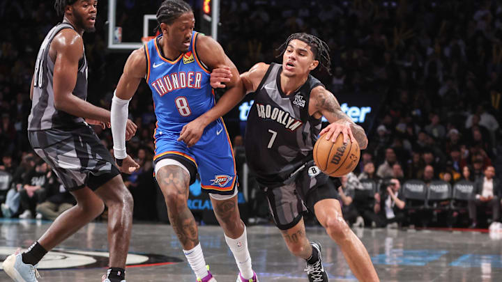 Feb 26, 2025; Brooklyn, New York, USA; Brooklyn Nets guard Killian Hayes (7) looks to drive past Oklahoma City Thunder forward Jalen Williams (8) in the second quarter at Barclays Center. Mandatory Credit: Wendell Cruz-Imagn Images Feb 26, 2025; Brooklyn, New York, USA; Brooklyn Nets guard Killian Hayes (7) looks to drive past Oklahoma City Thunder forward Jalen Williams (8) in the second quarter at Barclays Center. Mandatory Credit: Wendell Cruz-Imagn Images