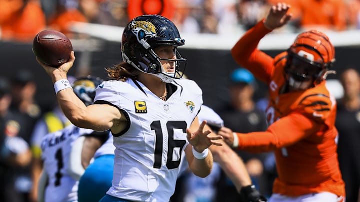 Sep 14, 2025; Cincinnati, Ohio, USA; Jacksonville Jaguars quarterback Trevor Lawrence (16) throws a pass against the Cincinnati Bengals in the first half at Paycor Stadium. Mandatory Credit: Katie Stratman-Imagn Images
