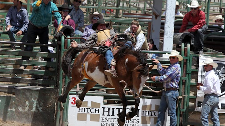 May 6, 2018; Guymon, OK, USA; During the Guymon Pioneer Days Rodeo at Henry C. Hitch Pioneer Arena. Mandatory Credit: Michael C. Johnson-Imagn Images May 6, 2018; Guymon, OK, USA; During the Guymon Pioneer Days Rodeo at Henry C. Hitch Pioneer Arena. Mandatory Credit: Michael C. Johnson-Imagn Images