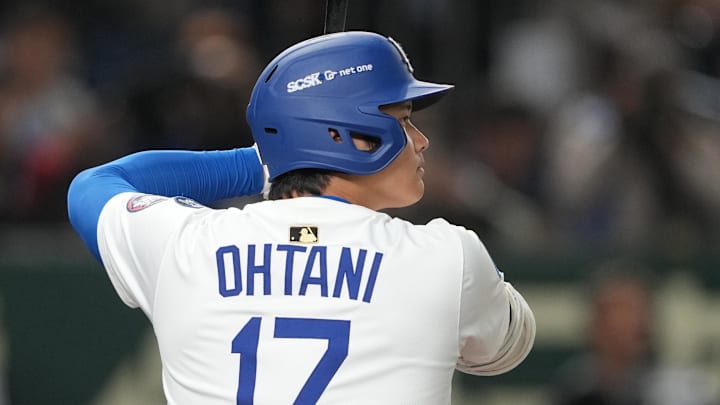 Ohtani with the gold MLB patch on the back of his uniform. 