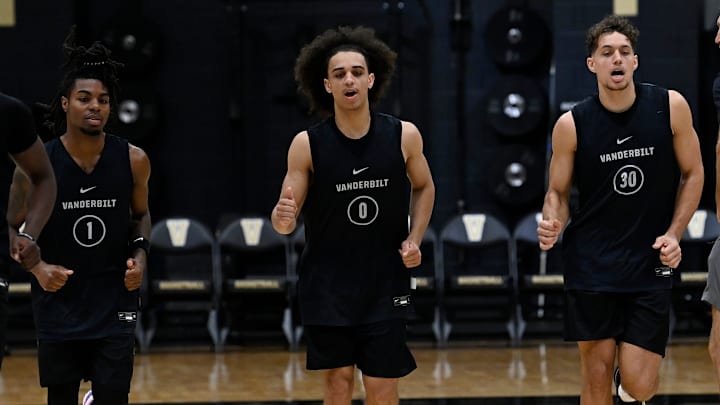 Vanderbilt’s Jason Edwards (1), Karris Bilal (0) and Chris Manon (30) warm up during an NCAA college basketball practice Tuesday, October 8, 2024, in Nashville, Tenn. Vanderbilt’s Jason Edwards (1), Karris Bilal (0) and Chris Manon (30) warm up during an NCAA college basketball practice Tuesday, October 8, 2024, in Nashville, Tenn.