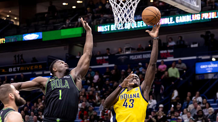 Mar 1, 2024; New Orleans, Louisiana, USA; Indiana Pacers forward Pascal Siakam (43) drives to the basket against New Orleans Pelicans forward Zion Williamson (1) during the first half at Smoothie King Center. Mandatory Credit: Stephen Lew-Imagn Images