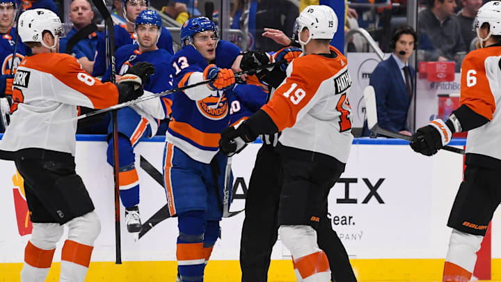 Nov 22, 2023; Elmont, New York, USA; New York Islanders center Mathew Barzal (13) and Philadelphia