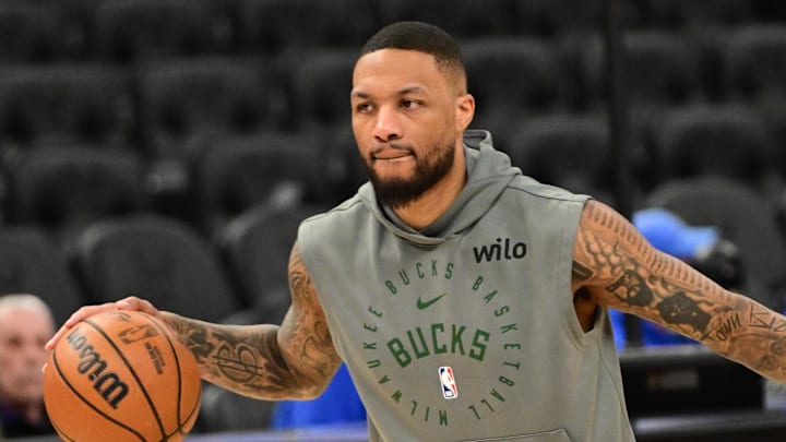 Mar 16, 2025; Milwaukee, Wisconsin, USA; Milwaukee Bucks guard Damian Lillard (0) warms up before game against the Oklahoma City Thunder at Fiserv Forum. Mandatory Credit: Benny Sieu-Imagn Images