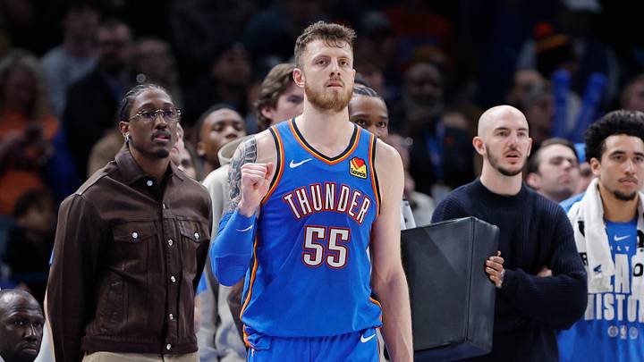 Feb 22, 2026; Oklahoma City, Oklahoma, USA; Oklahoma City Thunder center/forward Isaiah Hartenstein (55) reacts after watching his team in a defensive play against the Cleveland Cavaliers during the second half at Paycom Center. Mandatory Credit: Alonzo Adams-Imagn Images Feb 22, 2026; Oklahoma City, Oklahoma, USA; Oklahoma City Thunder center/forward Isaiah Hartenstein (55) reacts after watching his team in a defensive play against the Cleveland Cavaliers during the second half at Paycom Center. Mandatory Credit: Alonzo Adams-Imagn Images
