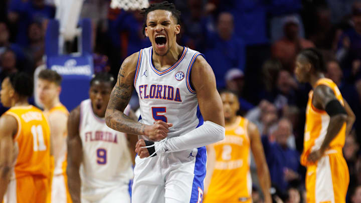 Jan 7, 2025; Gainesville, Florida, USA; Florida Gators guard Will Richard (5) reacts after a foul call against the Tennessee Volunteers during the first half at Exactech Arena at the Stephen C. O'Connell Center. Mandatory Credit: Matt Pendleton-Imagn Images
