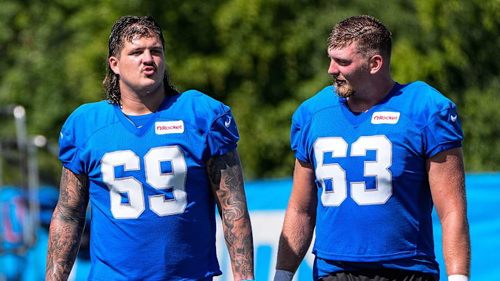 Detroit Lions guard Tate Ratledge (69), left, and offensive tackle Mason Miller (63) walk of the field after practice during training camp at Meijer Performance Center in Allen Park on Tuesday, July 22, 2025.