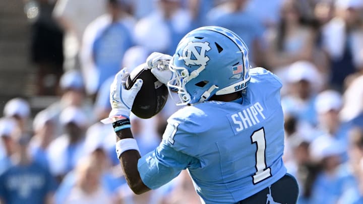 Sep 13, 2025; Chapel Hill, North Carolina, USA; North Carolina Tar Heels wide receiver Jordan Shipp (1) makes a catch in the second quarter at Kenan Stadium. 